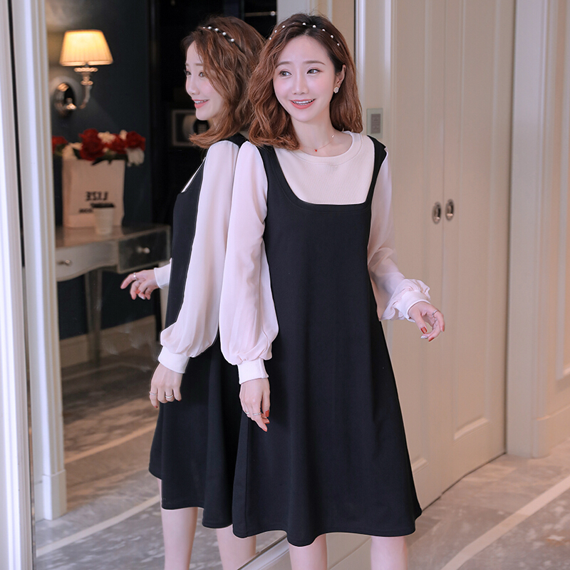 迪鲁奥（DILUAO) 孕妇装2019秋冬珊珊同款假两件网红针织大码连衣裙修身显瘦外出孕妇裙_99 黑色 XL(建议体重125-140斤)