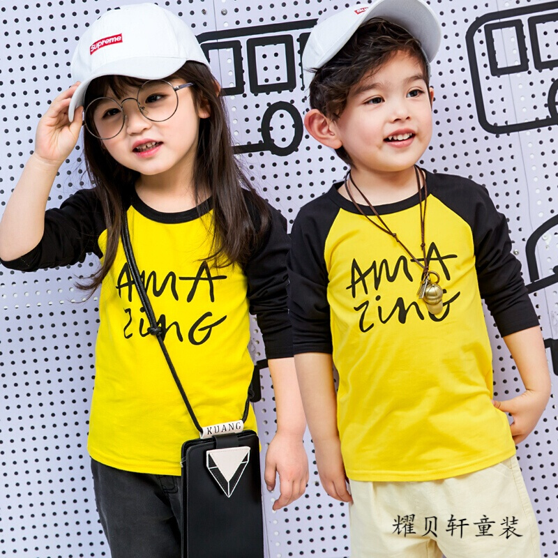 迪鲁奥（DILUAO)男女童长袖T恤打底衫2019春秋装新款儿童上衣宝宝打底衫女童短袖体恤 黄黑字母 90cm(90(合适身高80-90))