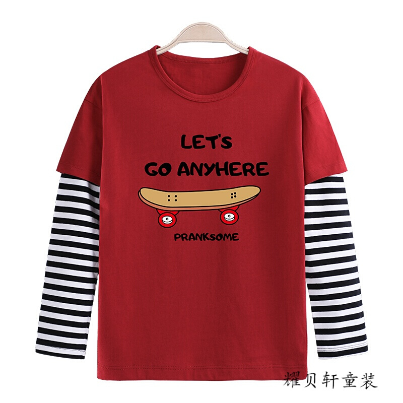 迪鲁奥（DILUAO)男童长袖T恤秋装2019新款儿童假两件打底衫韩版中大童小学生上衣 红色小滑板车条纹袖长T 170(cm)
