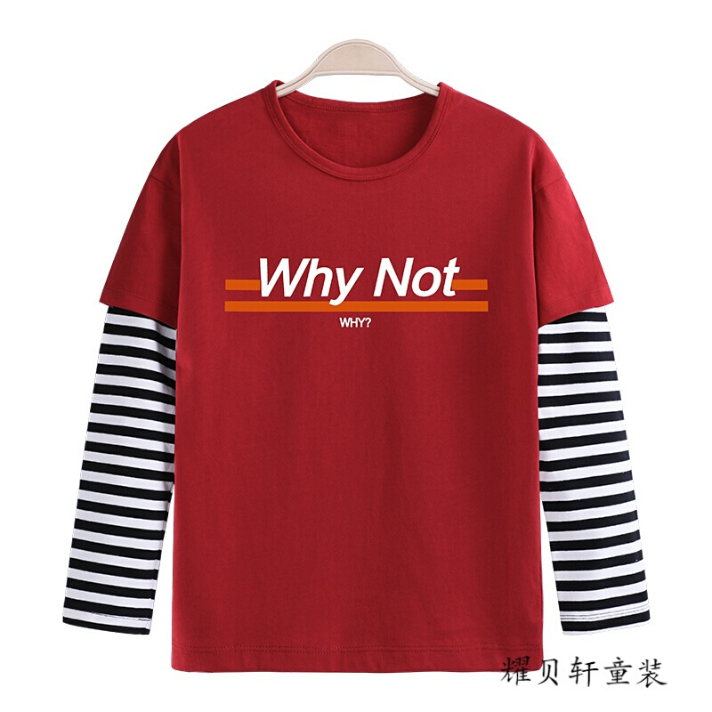 迪鲁奥（DILUAO)男童长袖T恤秋装2019新款儿童假两件打底衫韩版中大童小学生上衣 枪红色WhyNot条纹袖长T 140cm(建议身高131-140cm)