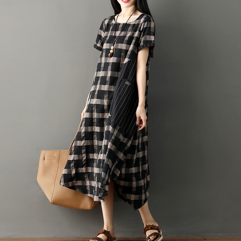 迪鲁奥（DILUAO)2019夏装新款时尚短袖棉麻格纹中长连衣裙韩版显瘦宽松大码孕妇裙 黑色_804 默认颜色 XXL