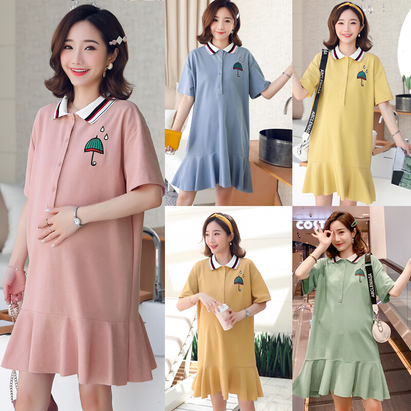迪鲁奥（DILUAO)!中长款POLO领T恤女短袖夏装孕妇装ins洋气鱼尾裙可哺乳上衣 粉红色 M