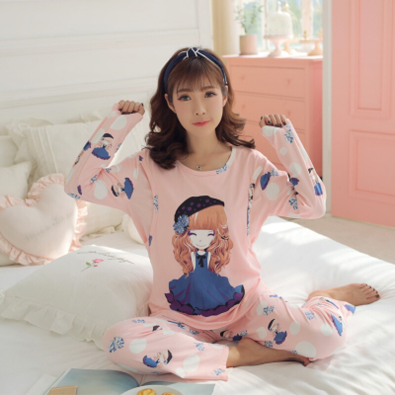 迪鲁奥（DILUAO)大码月子服孕妇睡衣棉布200斤加肥加大春秋季产后哺乳期夏天薄款 百合姑娘圆领 XXL