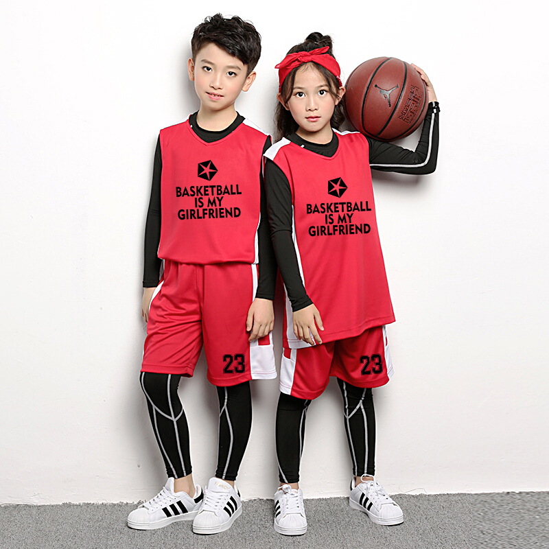 迪鲁奥（DILUAO)儿童篮球服套装男童训练球衣幼儿园小学生速干紧身衣四件套演出服 NK红色图案一 XL