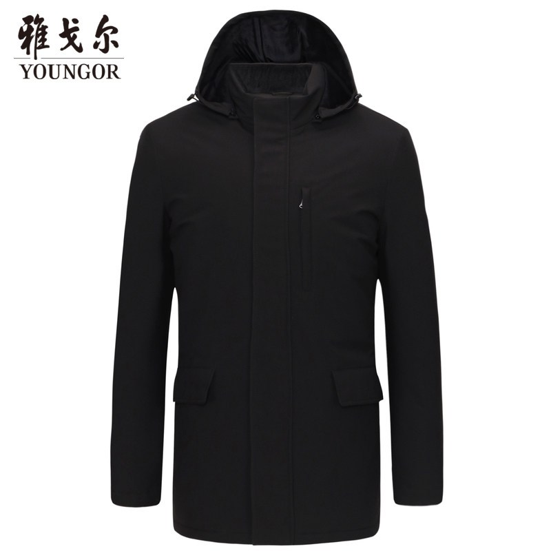 雅戈尔长羽绒服冬季新款男士官方白鸭绒商务休闲黑色连帽外套1234 180/100A 黑色