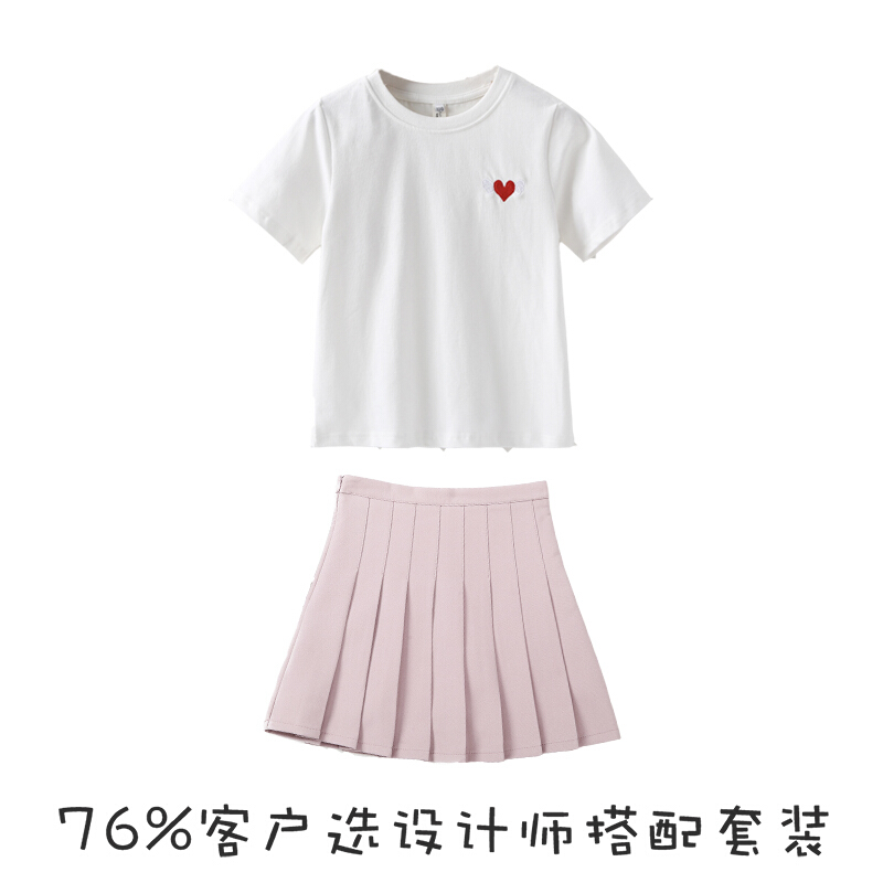 迪鲁奥（DILUAO)2019新款童装女童短裙春女孩百搭白百褶裙子表演儿童四季半身裙Sy 粉色八褶裙+爱心T恤【两件套】 130cm
