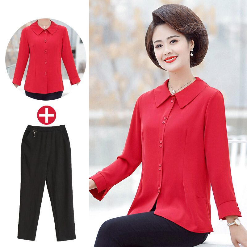 迪鲁奥（DILUAO)妈妈秋装娃娃领长袖衬衫中年妇女40岁50上衣服中老年时尚两件套装_193 红色套装(上衣+裤子) 2XL(100-115斤)