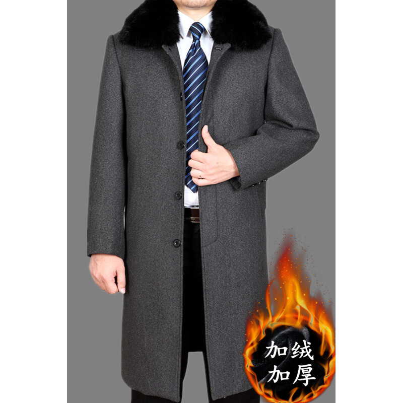 迪鲁奥（DILUAO)秋冬中老年羊毛羊绒大衣男加厚羊毛呢大衣男长款外套过膝保暖风衣_709 170/M(110斤-120斤左右穿) 1327灰色加绒加毛领