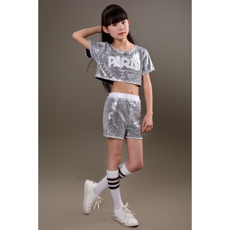 迪鲁奥（DILUAO)六一儿童爵士舞服套装亮片啦啦啦队演出服装女男童街舞现代舞服_809 银色白袜 170cm