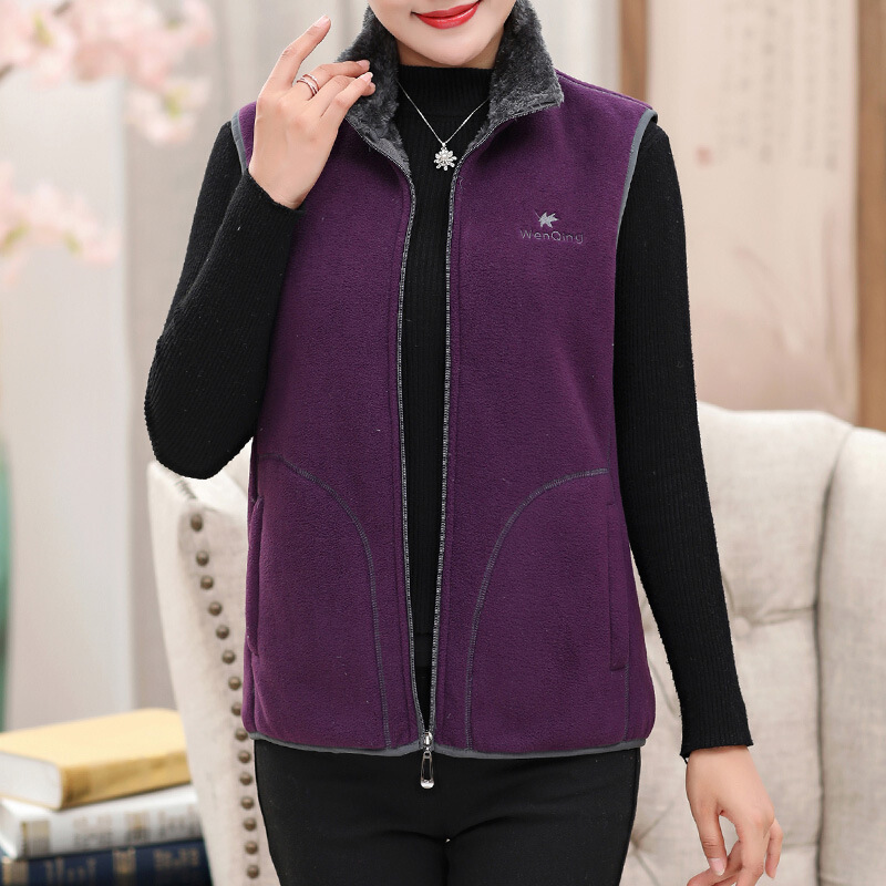 迪鲁奥（DILUAO)中老年马甲女春秋外穿抓绒外套上衣中年女装薄款保暖加绒妈妈背心_981 4XL-建议145-160斤 深紫色