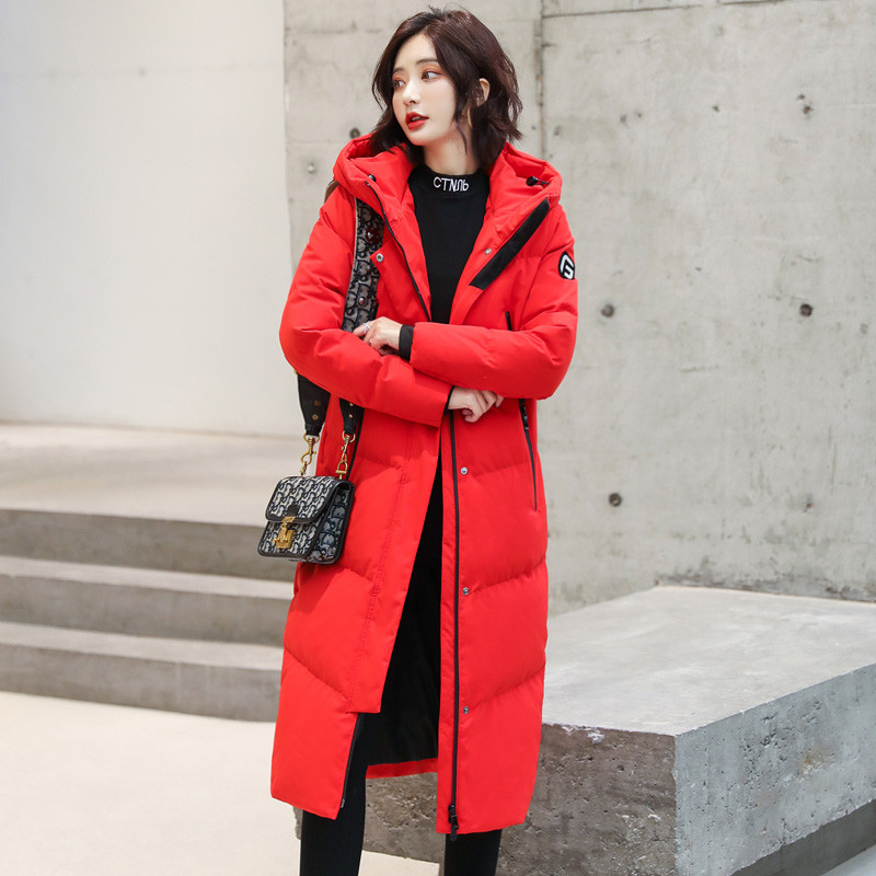 高梵长款羽绒服女2019冬装新款长过膝韩版加厚工装中长款反季清仓 XXL 冬奥红