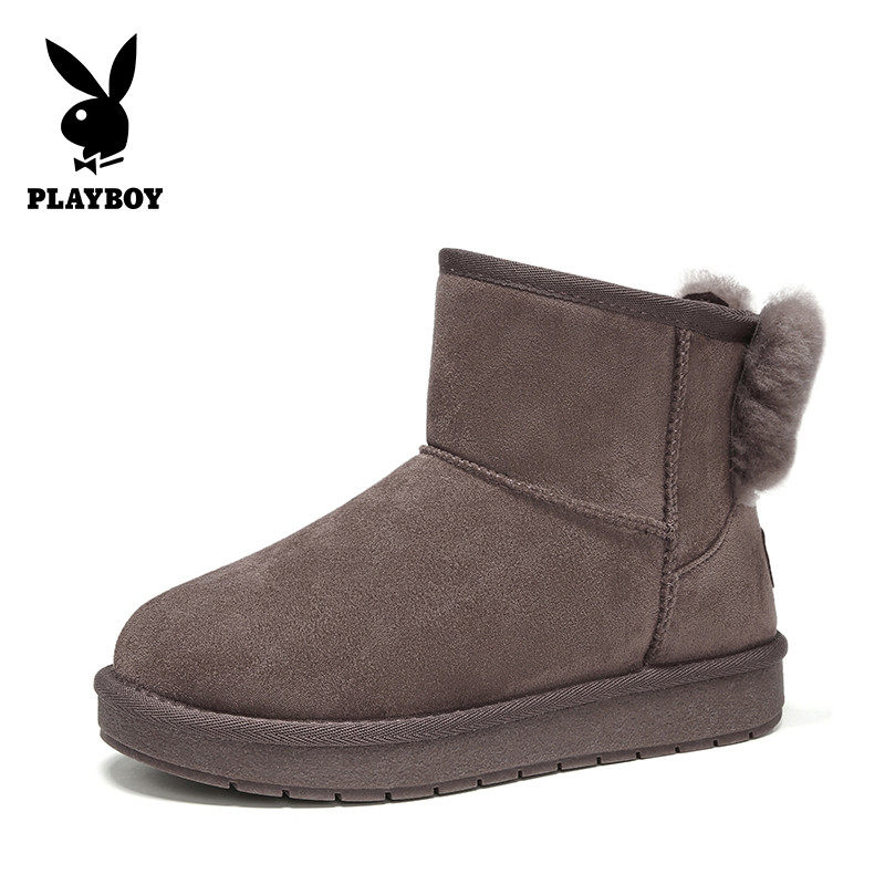 PLAYBOY/花花公子冬季新款加绒厚底短筒短靴女保暖蝴蝶结平底雪地靴女J12699246 豆沙色 38码