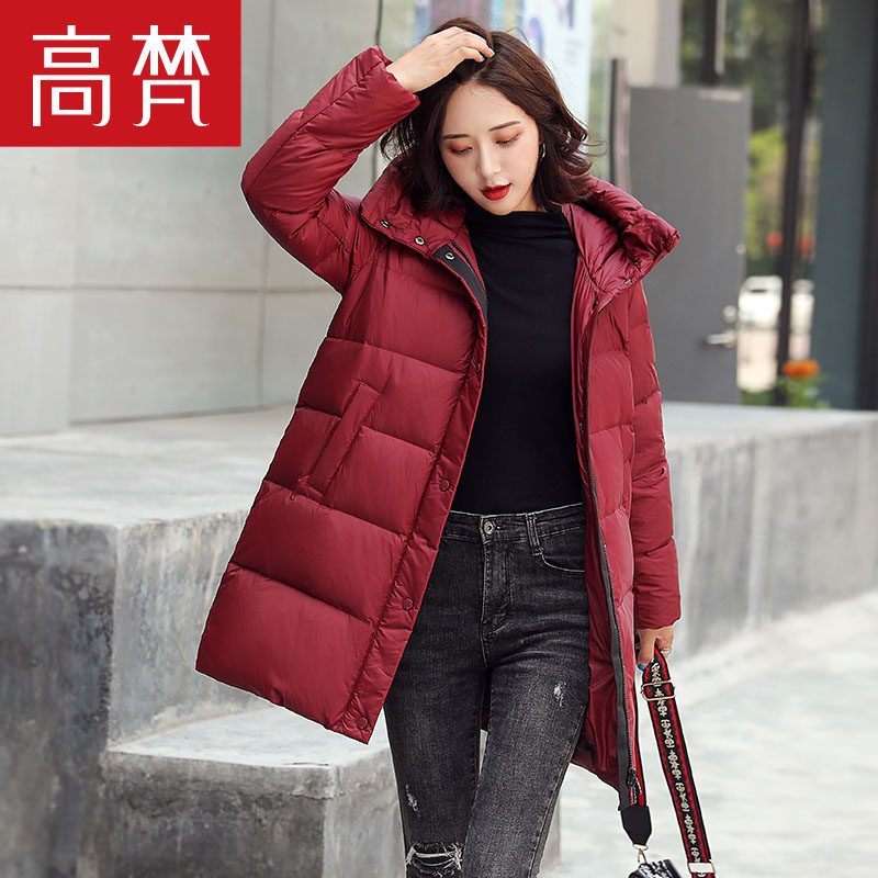 高梵反季羽绒服女2019新款韩版时尚中长款显瘦宽松连帽保暖外套潮 M 089酒红色