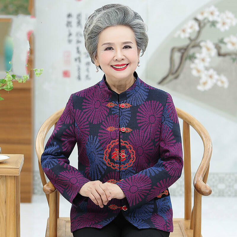 迪鲁奥（DILUAO)轻奢品质中国风唐装外套喜庆奶奶装秋装60-70岁生日喜宴老太婆服装_353 4XL建议130-145斤 蓝太阳花外套