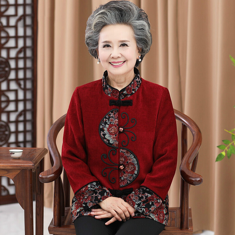 迪鲁奥（DILUAO)中老年人春秋女外套60-70岁唐装老太太衣服老人妈妈奶奶装秋装薄_28_455 4XL(建议135-155斤) 红色-春秋外套单件上衣