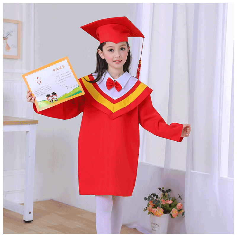 迪鲁奥（DILUAO)儿童演出服装中学生小学生博士服男女毕业礼服幼儿园学士服博士帽_751 红色新红色套装+证书 125-135cm衣长80cm