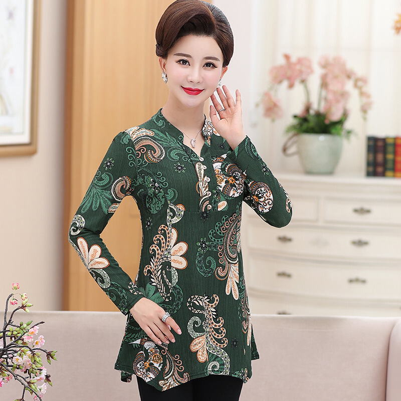 迪鲁奥（DILUAO)新款女装2019新款妈妈秋装40岁50中年女秋季打底衫中老年人洋气上衣两件套_205 68008绿尾花长袖单件 XL建议(90-110斤)