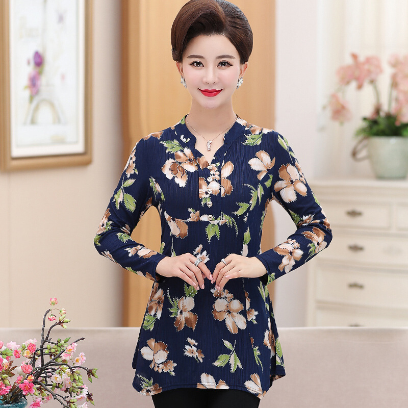 迪鲁奥（DILUAO)新款女装2019新款妈妈秋装40岁50中年女秋季打底衫中老年人洋气上衣两件套_205 68008蓝白花长袖单件 3XL建议(125-138斤)