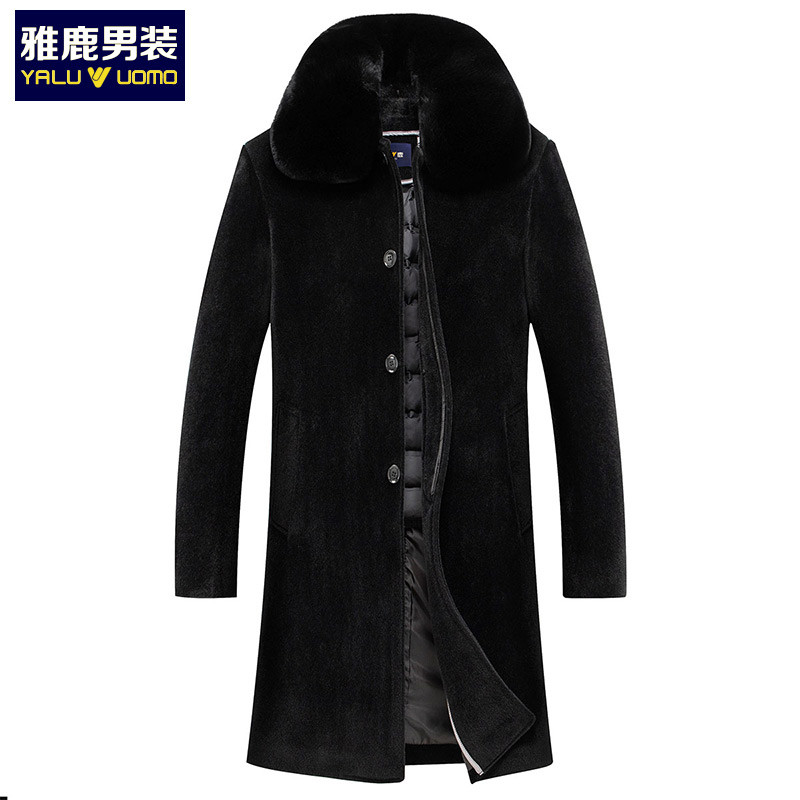 雅鹿男装可脱卸羽绒内胆中老年长款大毛领男士毛呢大衣1115DA01988 S1(黑色) 195