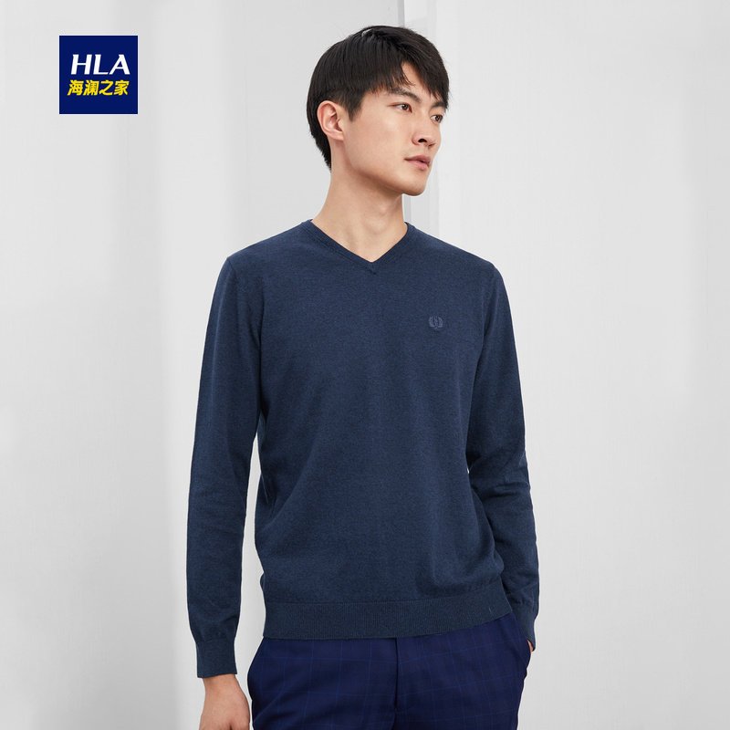 HLA海澜之家基础净色长袖针织衫2019秋季经典V领套头衫男-HNZAD3R060A 藏青60 170/88A/M