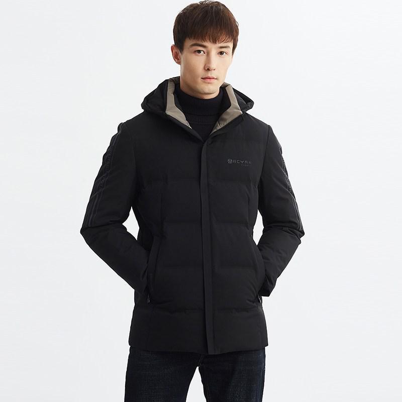 雪中飞羽绒服男中长款2019新款时尚连帽加厚保暖冬季外套防寒服潮_1 180/XL 黑色