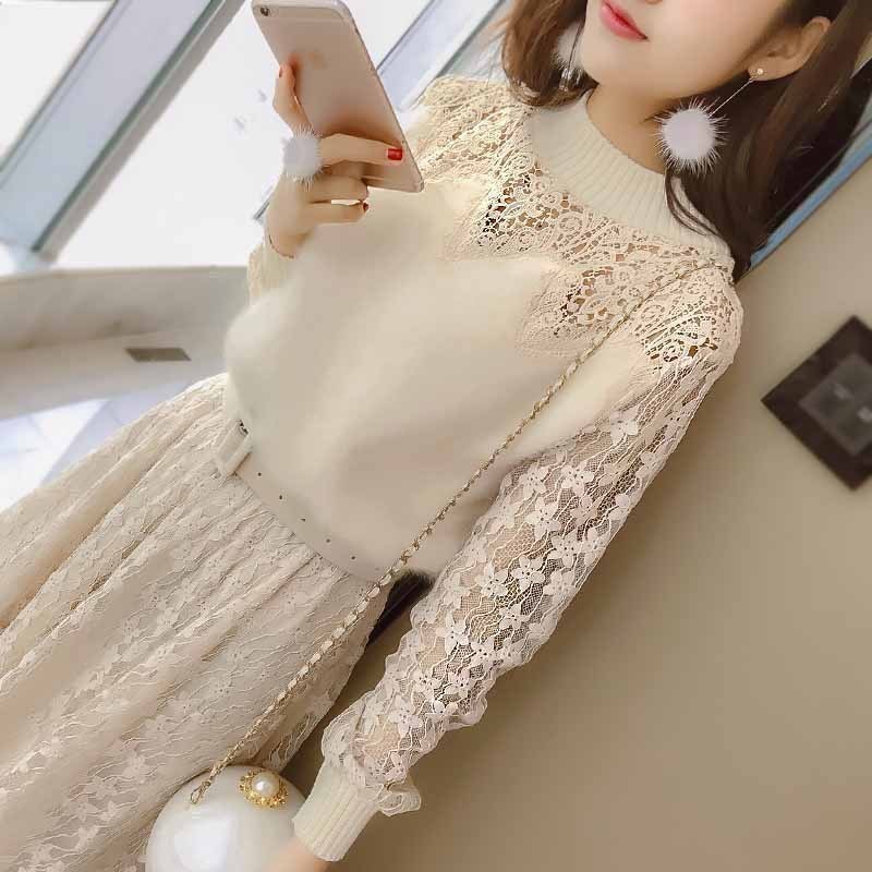 小样传奇 蕾丝连衣裙chic早秋装女2019新款韩版中长款长袖女装冬季打底裙子 杏色（加绒） M