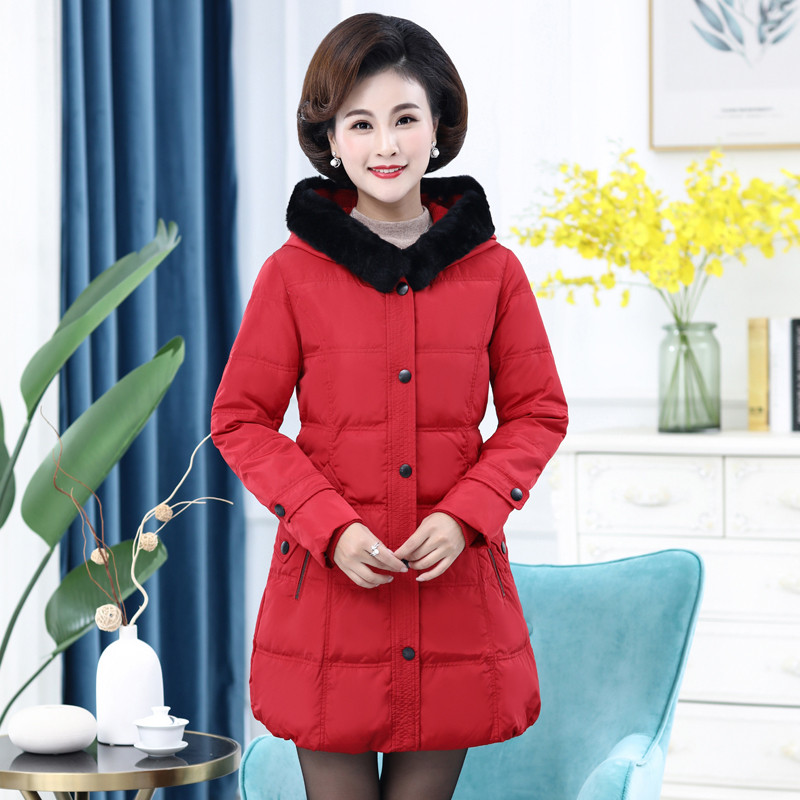 雪暖2019秋冬新款中老年妈妈羽绒服女中长款貉子毛领保暖百搭外套 185 红色
