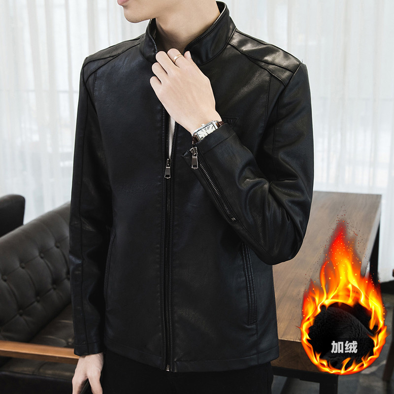 三弦(LA CORDE)男装皮衣男士2019新款刺绣棒球领皮尤潮流修身PU皮夹克外套LA-QZQ811 XL 加绒黑色