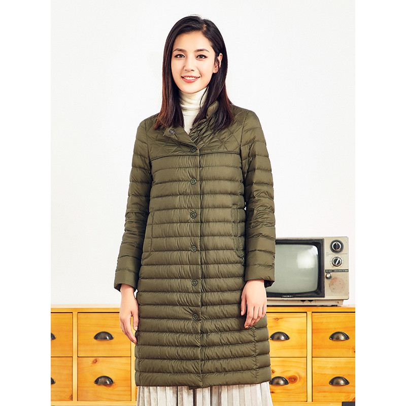 千仞岗品牌时尚羽绒服女纯色立领轻薄休闲中长款羽绒服 2XL 海藻绿