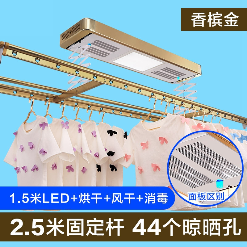 电动晾衣架 - 智能挂衣架 遥控阳台升降晒衣架 自动折叠晾衣杆 2.5米杆+LED灯+风干+烘干+消毒(香槟金)