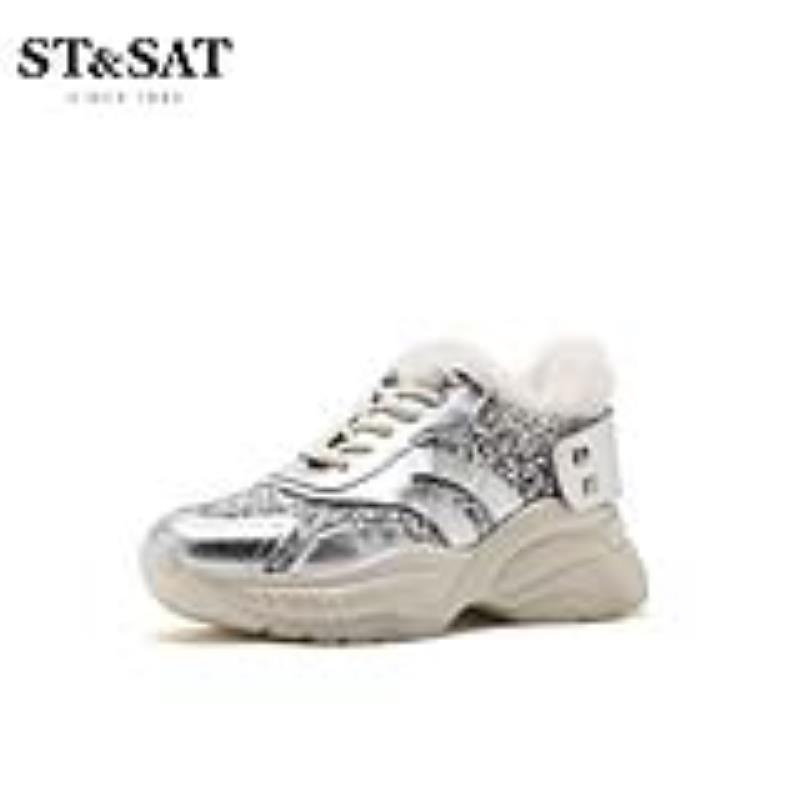 星期六(ST&SAT)女鞋2019新款秋鞋深口绒里老爹鞋单鞋女SS94112364 23银色 37码