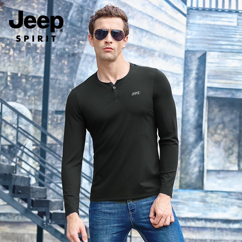 JEEP/吉普男士秋季新款时尚简约百搭休闲V领长袖套头打底上衣FSM M 军绿色
