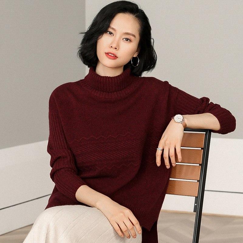 恒源祥羊绒衫女装高领复古绞花厚针织衫2019秋冬新款二翻领毛衣女 165/88A 绛红