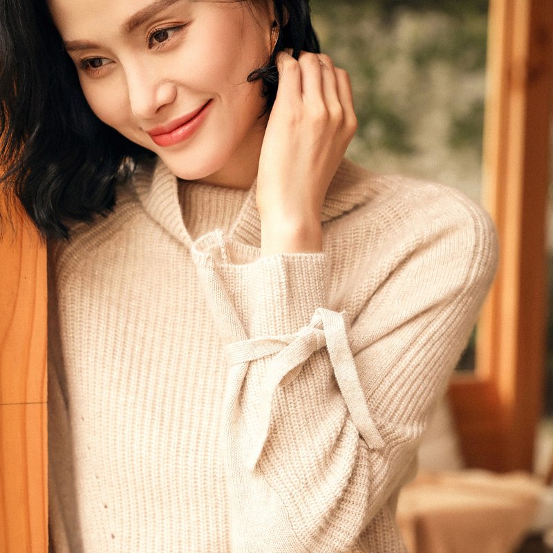 恒源祥2019秋冬高领羊绒衫女亮丝宽松厚毛衣慵懒风袖口系带针织衫 170/92A 青米夹花
