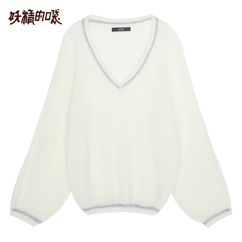 妖精的口袋v领外穿针织衫2019秋季新款女宽松显瘦慵懒风套头毛衣 S 小傻瓜白色