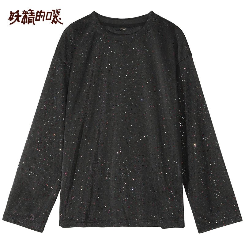 妖精的口袋亮面T恤2019秋季新款女士喇叭袖长款宽松ins潮黑色上衣 M 亮片黑色