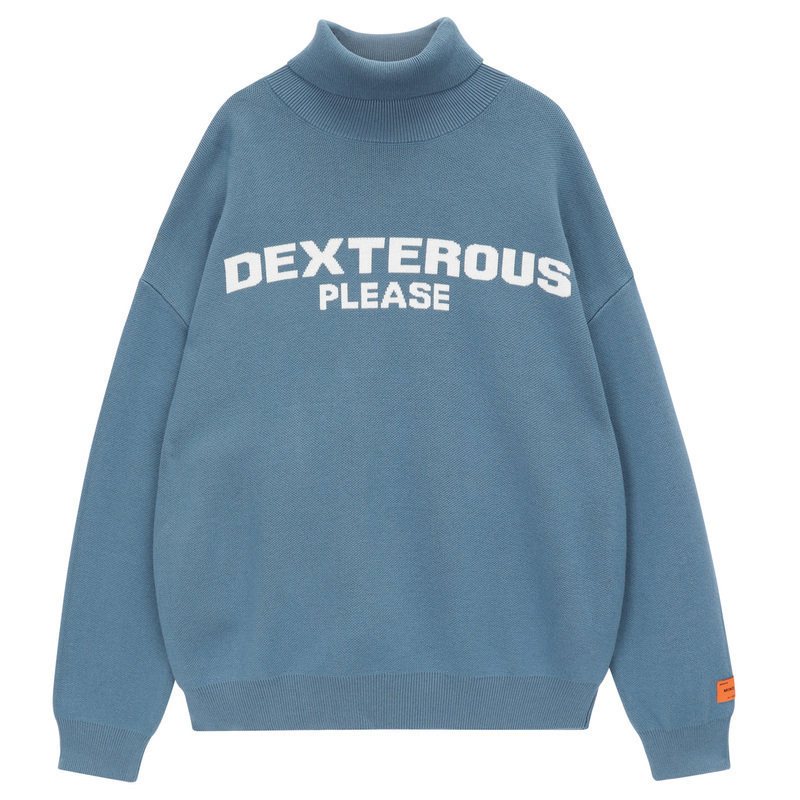 唐狮2019冬季新款高领毛衣男潮流针织衫男宽松字母毛衫套头衫 XXL 孔雀蓝
