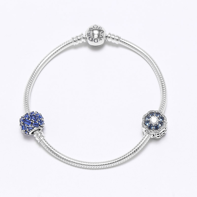 PANDORA潘多拉 水晶闪耀 蓝色闪亮花朵925银串饰 手链 17cm