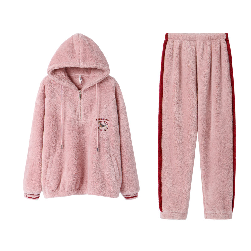 安之伴睡衣女晚秋圆领套装长毛绒家居服31941321555 L 浅豆沙