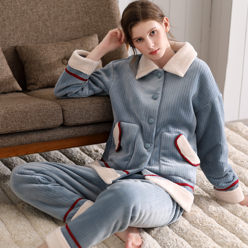 安之伴睡衣女晚秋圆领套装复合家居服31941321801 M 湖水兰
