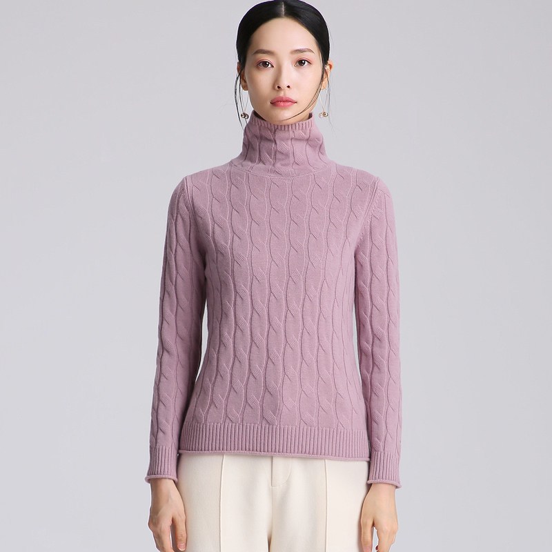 恒源祥2019新款绞花套头毛衣女秋冬纯羊毛打底针织衫高领羊毛衫 170/L 粉红