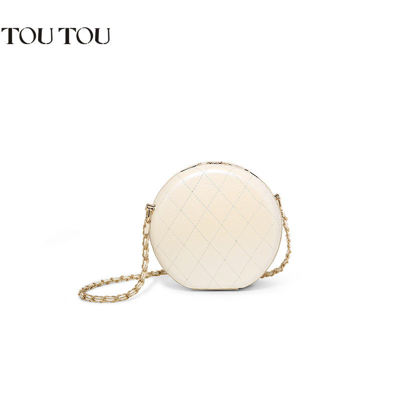 2019秋冬新款斜挎小包包女时尚百搭小圆包单肩链条包 幻彩贝壳白