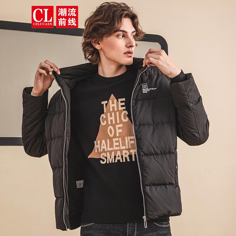 潮流前线2019冬装男款简约纯色立领短款羽绒服外套男黑色宽松百搭防风面包服黑色_1 XXL 默认颜色