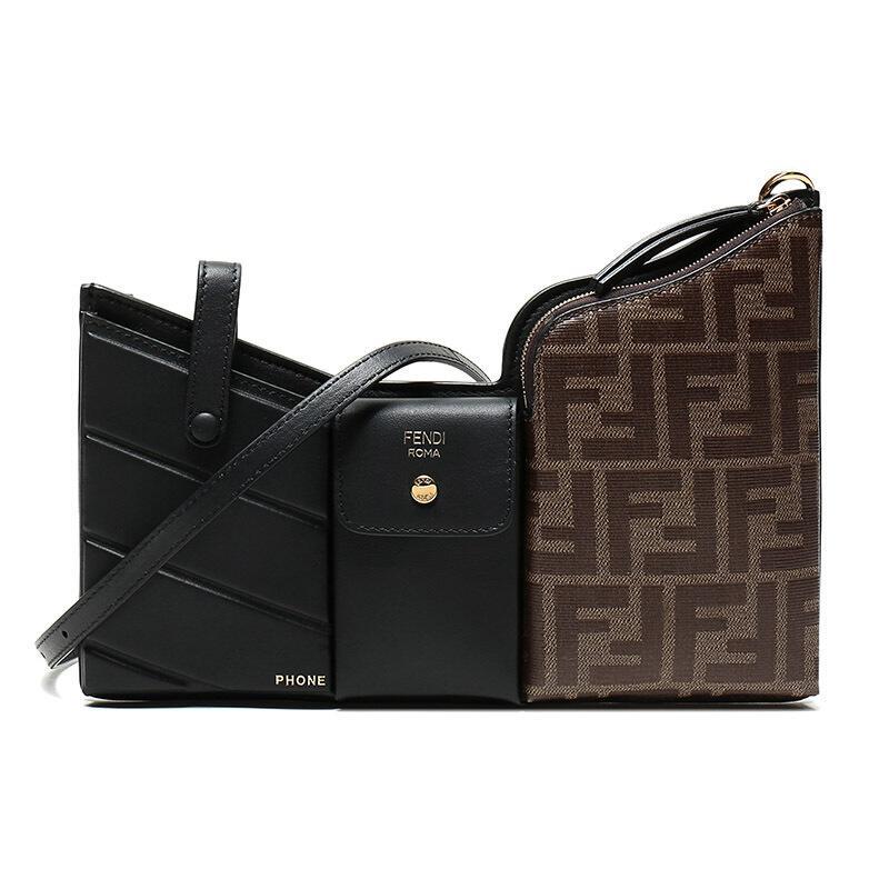 FENDI 芬迪 女士涂层织物配皮迷你信差包单肩斜挎包 8BS025 A5MP F14R8-棕色黑色FF图案