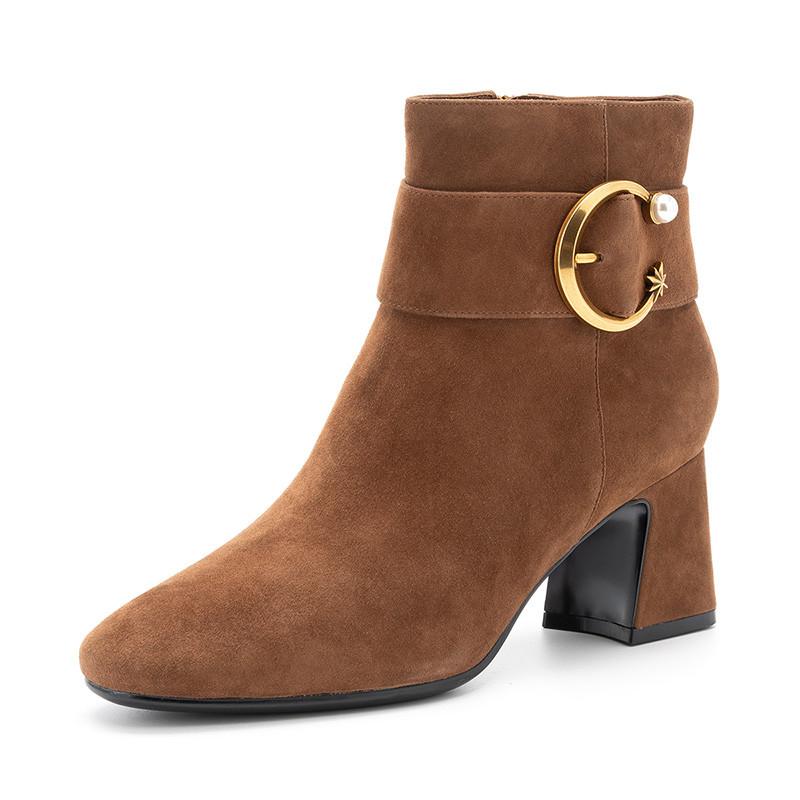 St&Sat/星期六新款优雅金属装饰圆头粗跟短靴SS84116692 棕色 35码