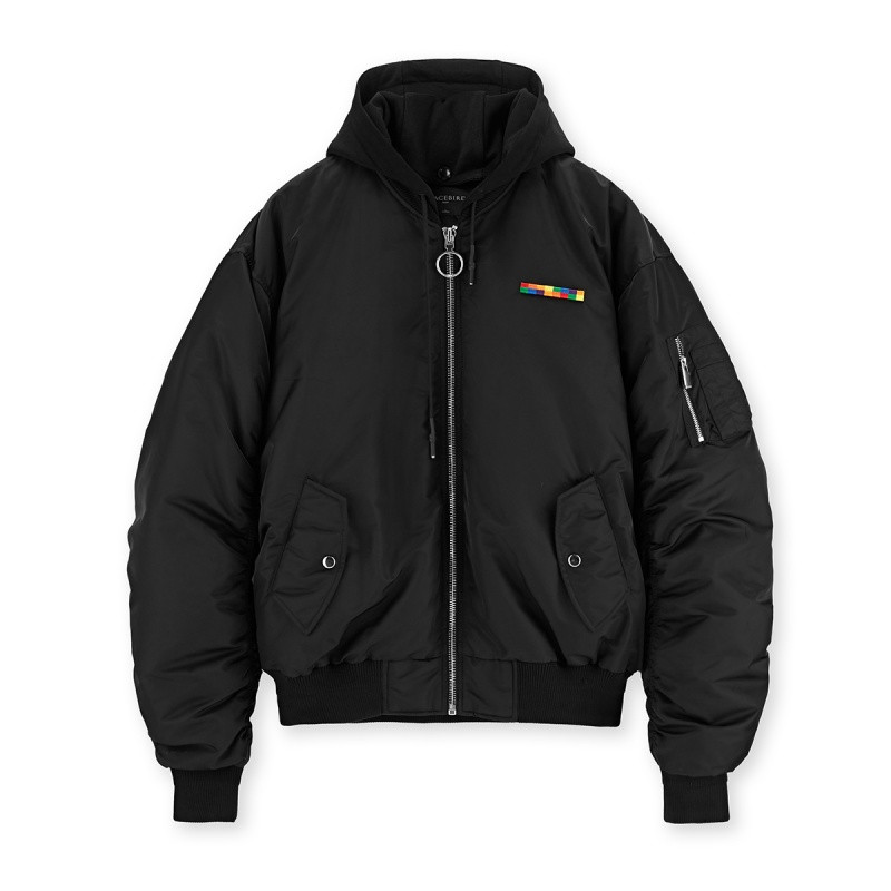 太平鸟男装冬季黑霓虹刺绣可拆卸连帽短款羽绒服男潮流夹克外套 XXL 黑色