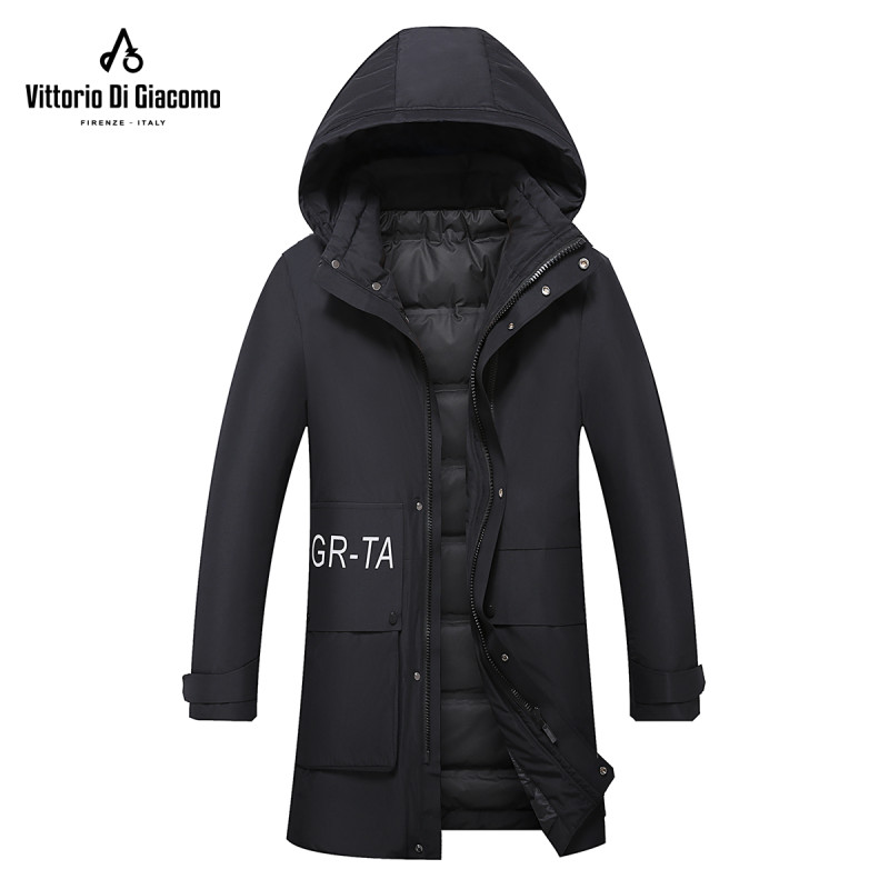 迪伽默 中长款90白鸭绒可脱卸风帽羽绒服 5色可选 黑色 XXL