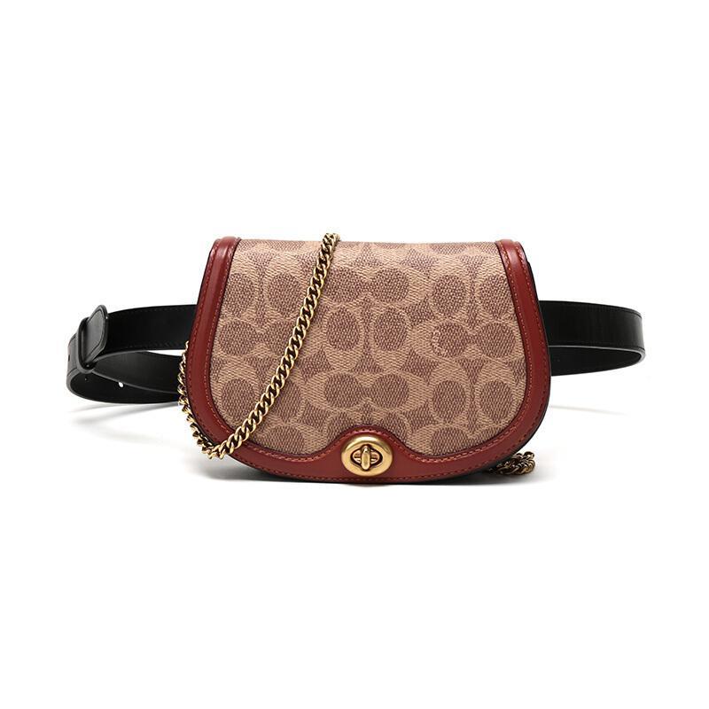 COACH 蔻驰 奢侈品 女款涂层帆布配皮单肩斜挎包腰包马鞍包 76264 B4NQ4-棕色多色经典标志