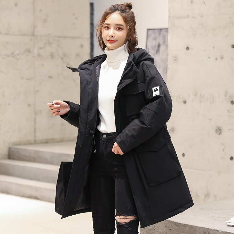 高梵工装羽绒服女中长款2019年新款白鸭绒时尚派克加厚冬外套 XL 黑色（A款）