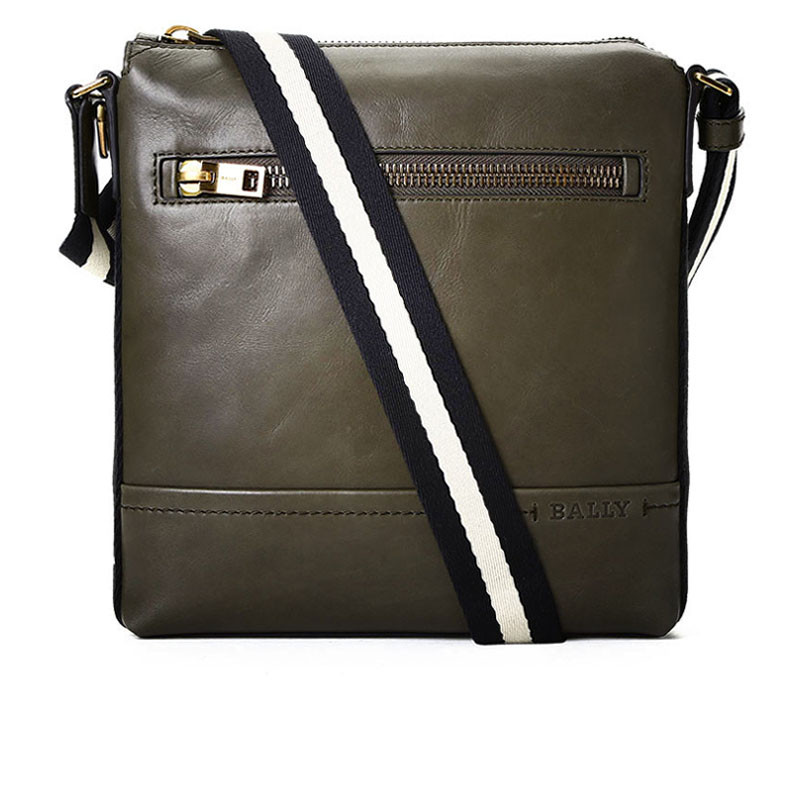 BALLY/巴利 男士拉链设计条纹织带斜挎邮差包 6202917 深褐色